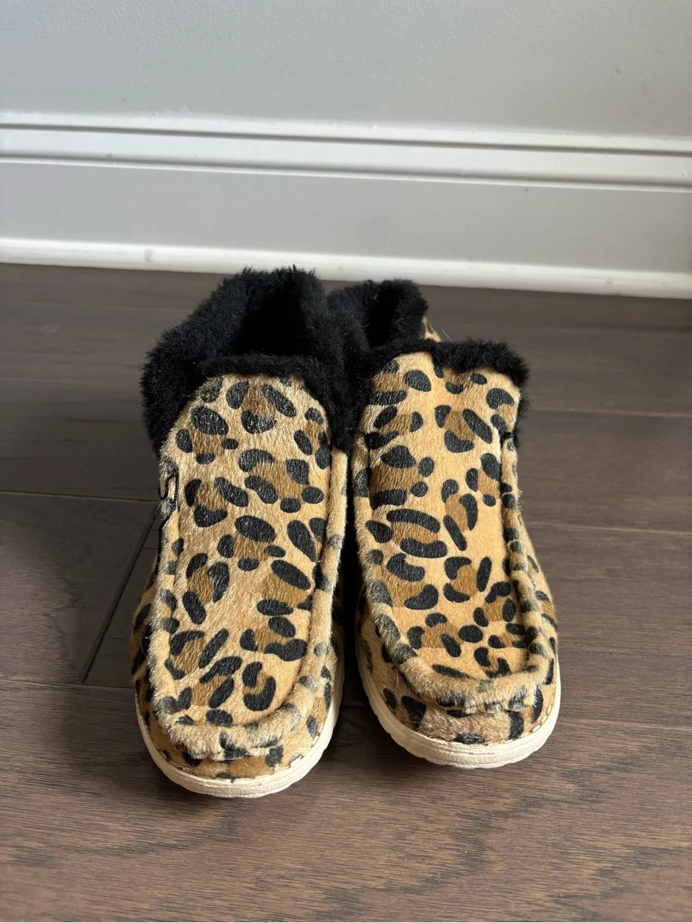 Kids Leopard Faux-Fur Lined Slip-On Slippers - Black & Tan